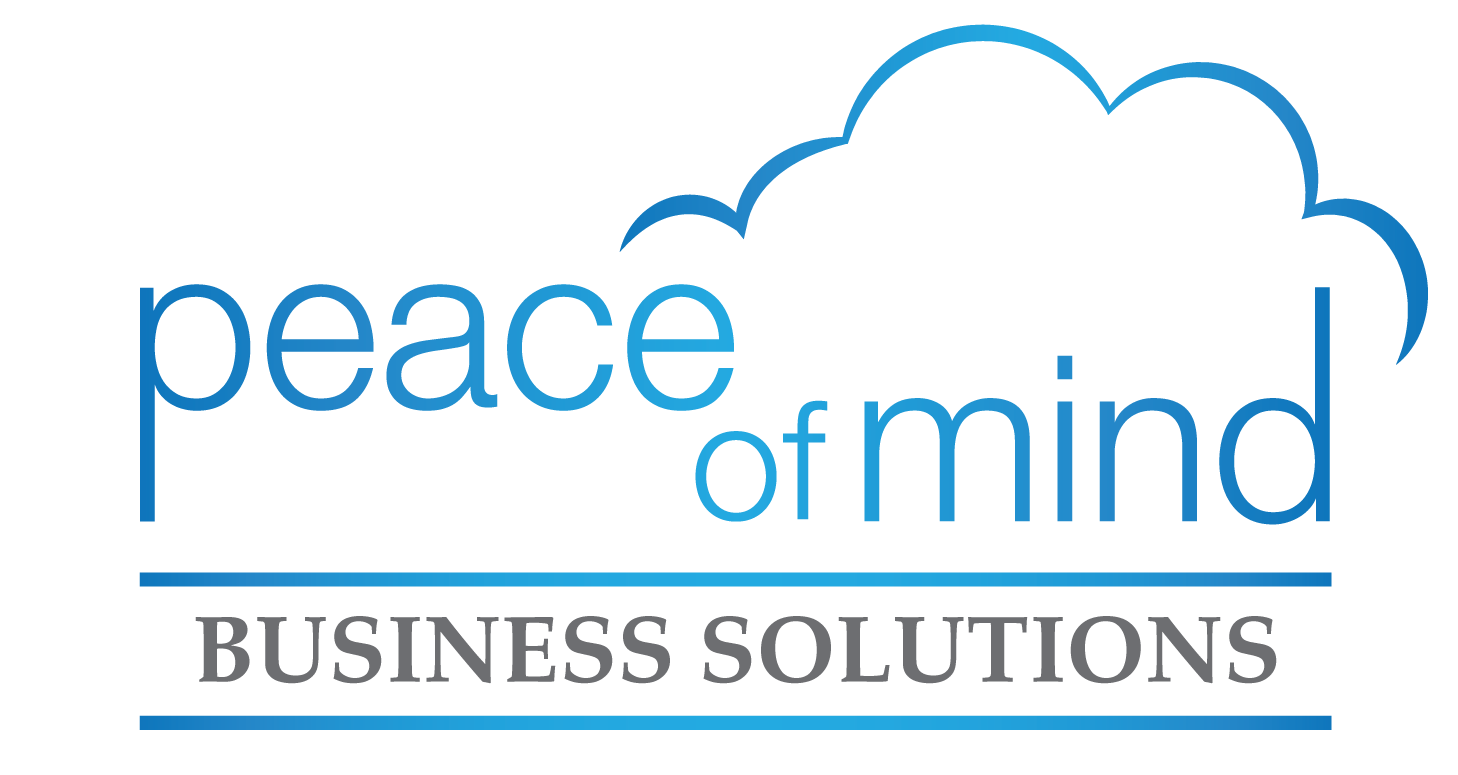 Peace of Mind Business Solutions logo featuring blue text with a cloud graphic above the word 'mind' on a transparent background