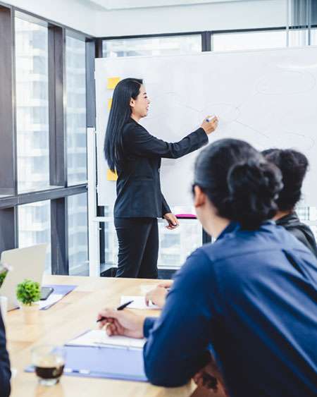 Business professional conducting a training session at a whiteboard in a modern office, with attendees taking notes.