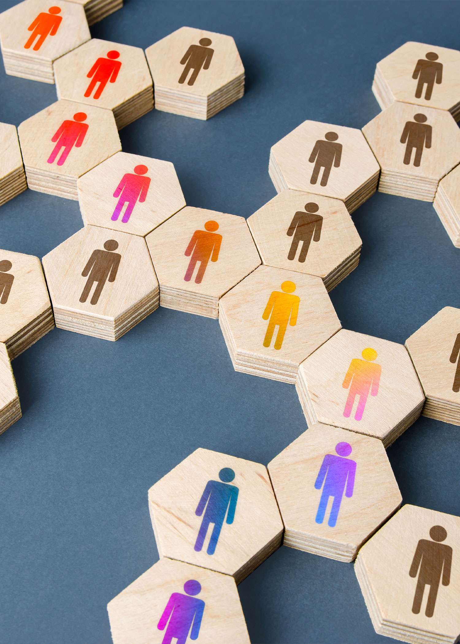 Wooden hexagons with human icons representing Fractional HR Services by Peace of Mind Business Solutions, showcasing flexible workforce solutions.